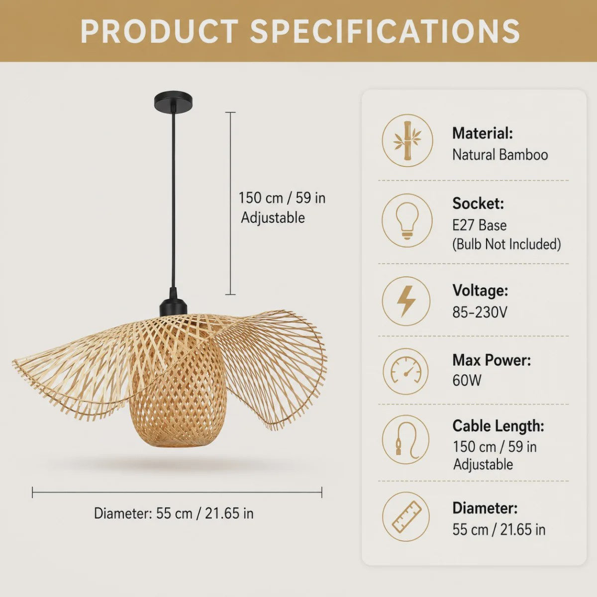 Japanse Wabi Sabi Bamboe Rotan Hanglamp 55cm - Natuurlijk Geweven Plafondlamp