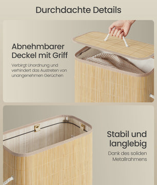 Songmics Bamboe Wasmand met Deksel - 60L, Opvouwbaar, Natuurlijk