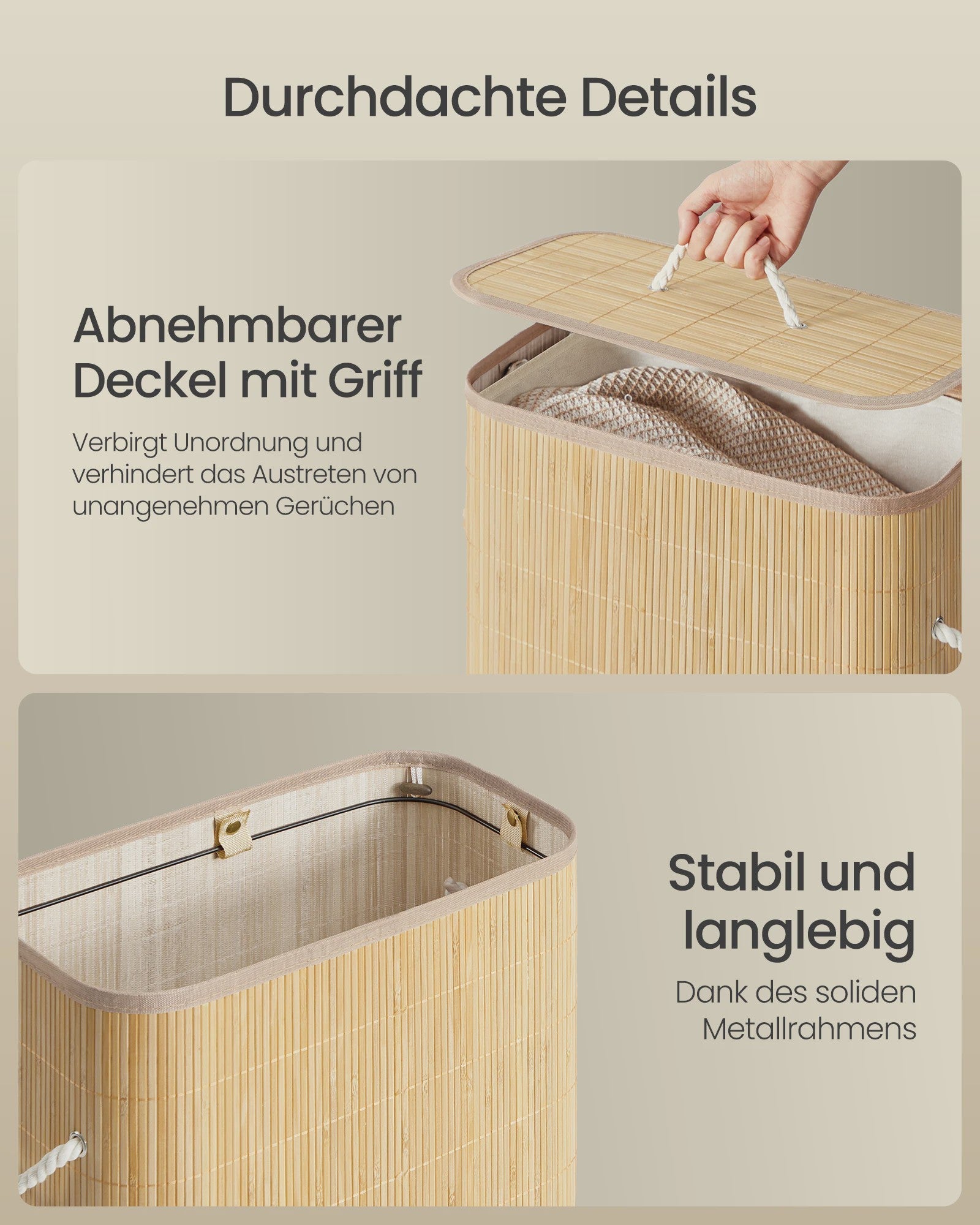 Songmics Bamboe Wasmand met Deksel - 60L, Opvouwbaar, Natuurlijk
