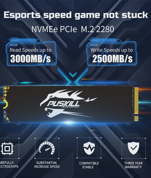 PUSKILL PCIe NVMe M.2 SSD 2280 - Snelle Interne Solid State Drive voor Laptop & Desktop (128GB - 1TB)