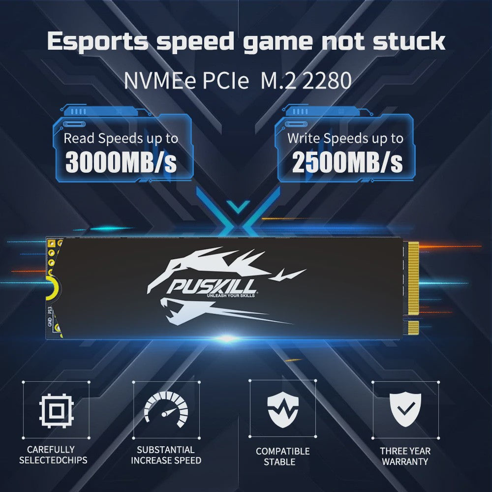 PUSKILL PCIe NVMe M.2 SSD 2280 - Snelle Interne Solid State Drive voor Laptop & Desktop (128GB - 1TB)