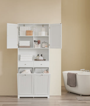 SoBuy BZR215-W Hoge Badkamerkast met 2 Wasmanden, 2 Lades & Open Vak - 78x38x181cm