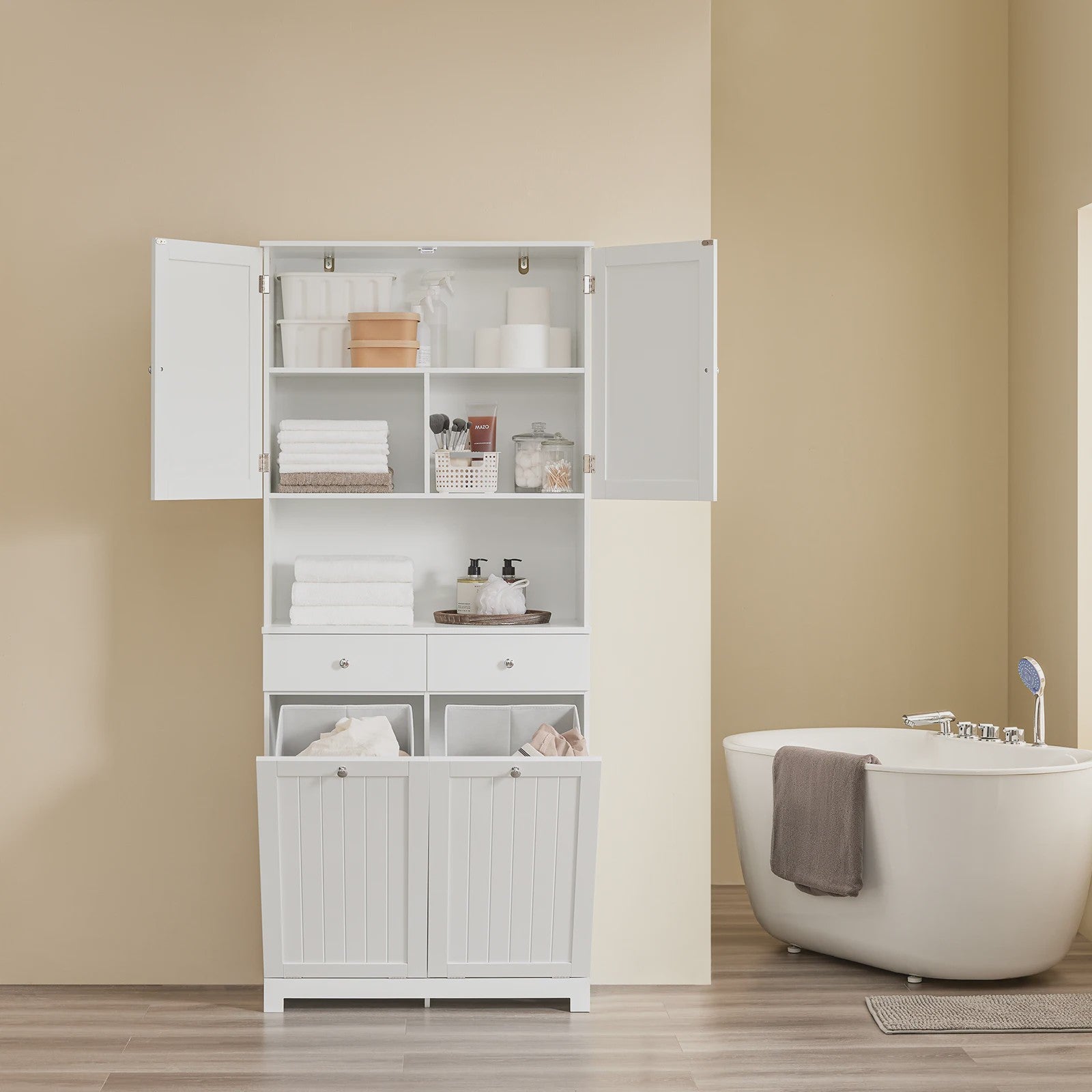 SoBuy BZR215-W Hoge Badkamerkast met 2 Wasmanden, 2 Lades & Open Vak - 78x38x181cm