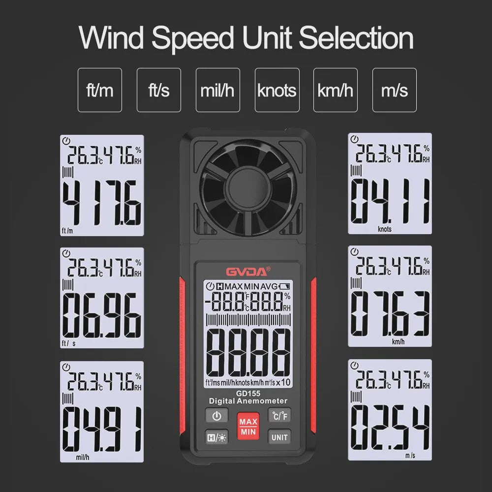 GVDA GD155 Digitale Windsnelheidsmeter met Temperatuur & Vochtigheid, LCD Achtergrondverlichting