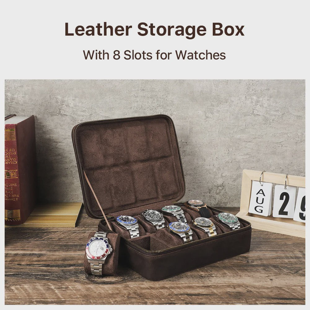 Luxe Leren Horlogedoos met 8 Vakken - Vintage Opbergkoffer voor Heren & Dames
