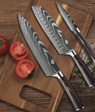 3-delige Keukenmes Set - Damascus Patroon - Hoog Koolstof RVS