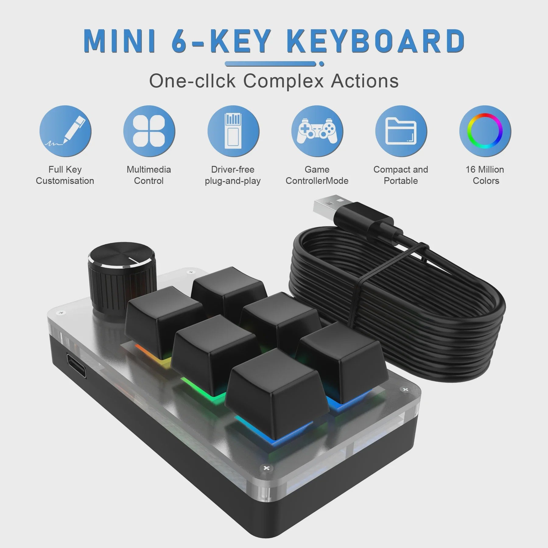 Programmeerbaar Mini Mechanisch Toetsenbord met RGB en Draaiknop voor Photoshop & Gaming