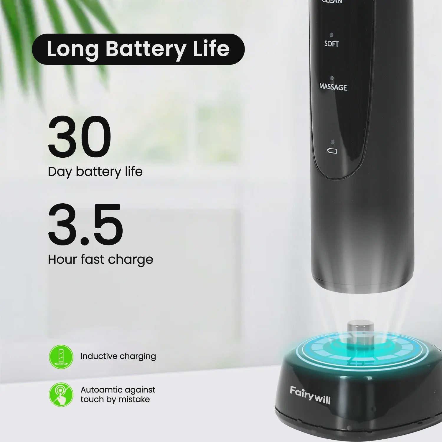 Fairywill T2233 Elektrische Tandenborstel met 4 Opzetborstels - Krachtige Rotatie & Sonische Reiniging