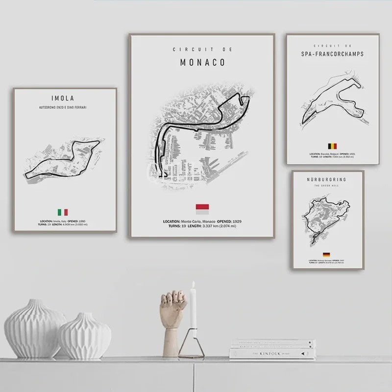 Vintage F1 Circuit Poster: Zwart-Wit Formule 1 Kunst voor de Raceliefhebber