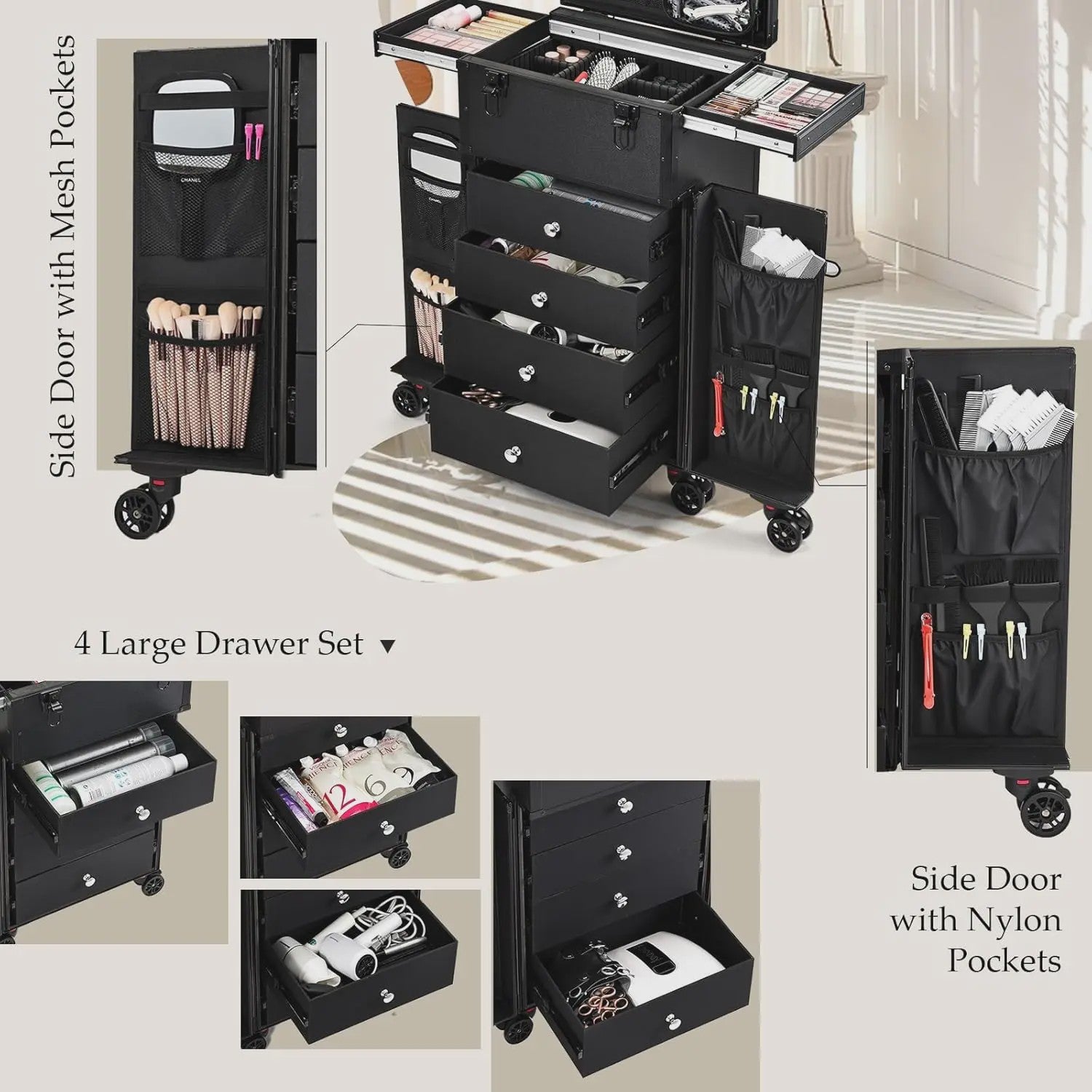 Professionele Make-up Trolley Koffer op Wielen - Mobiel Barber Station met Lades en Slot