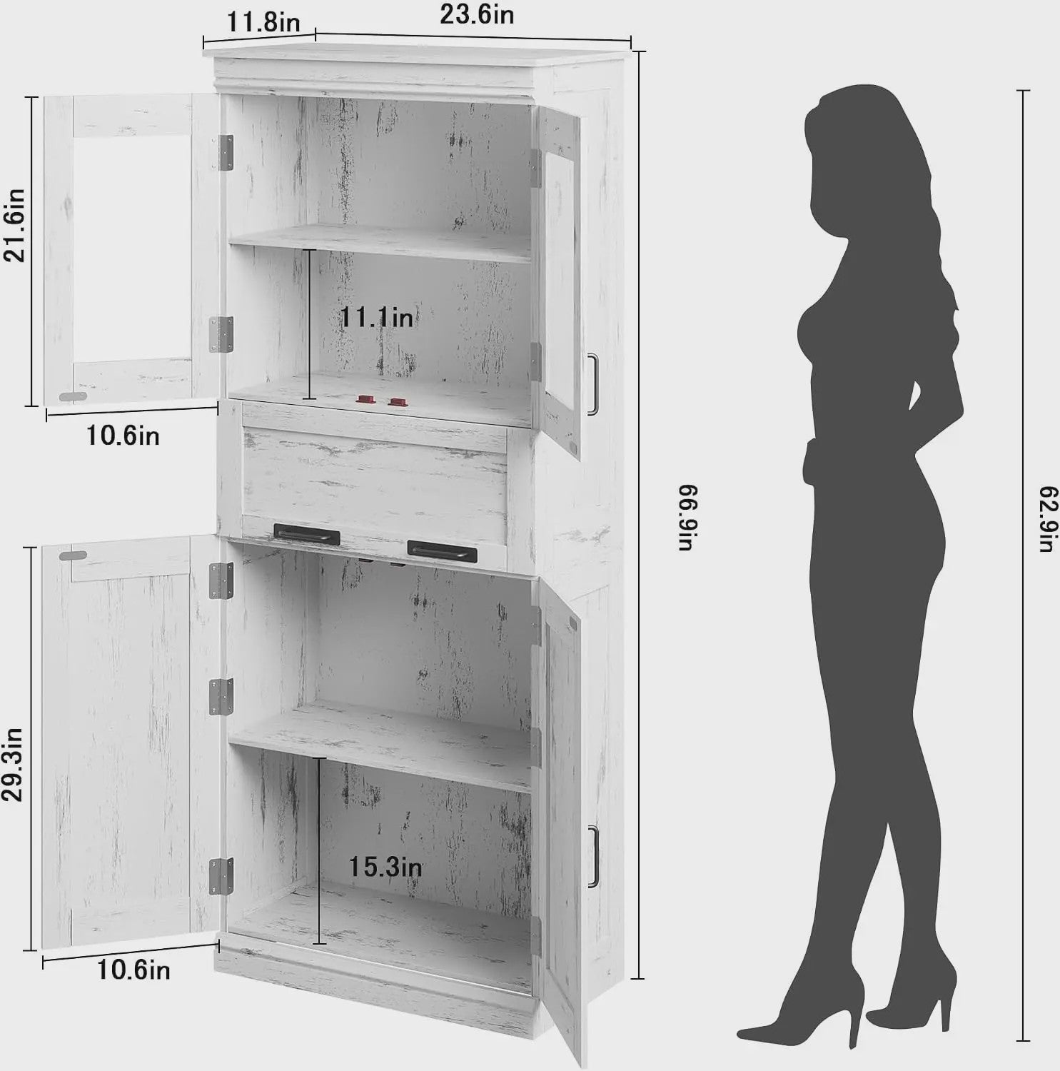 Hoge Kast met 4 Deuren, Lade en Glazen Deuren - 170 cm - Veel Opbergruimte