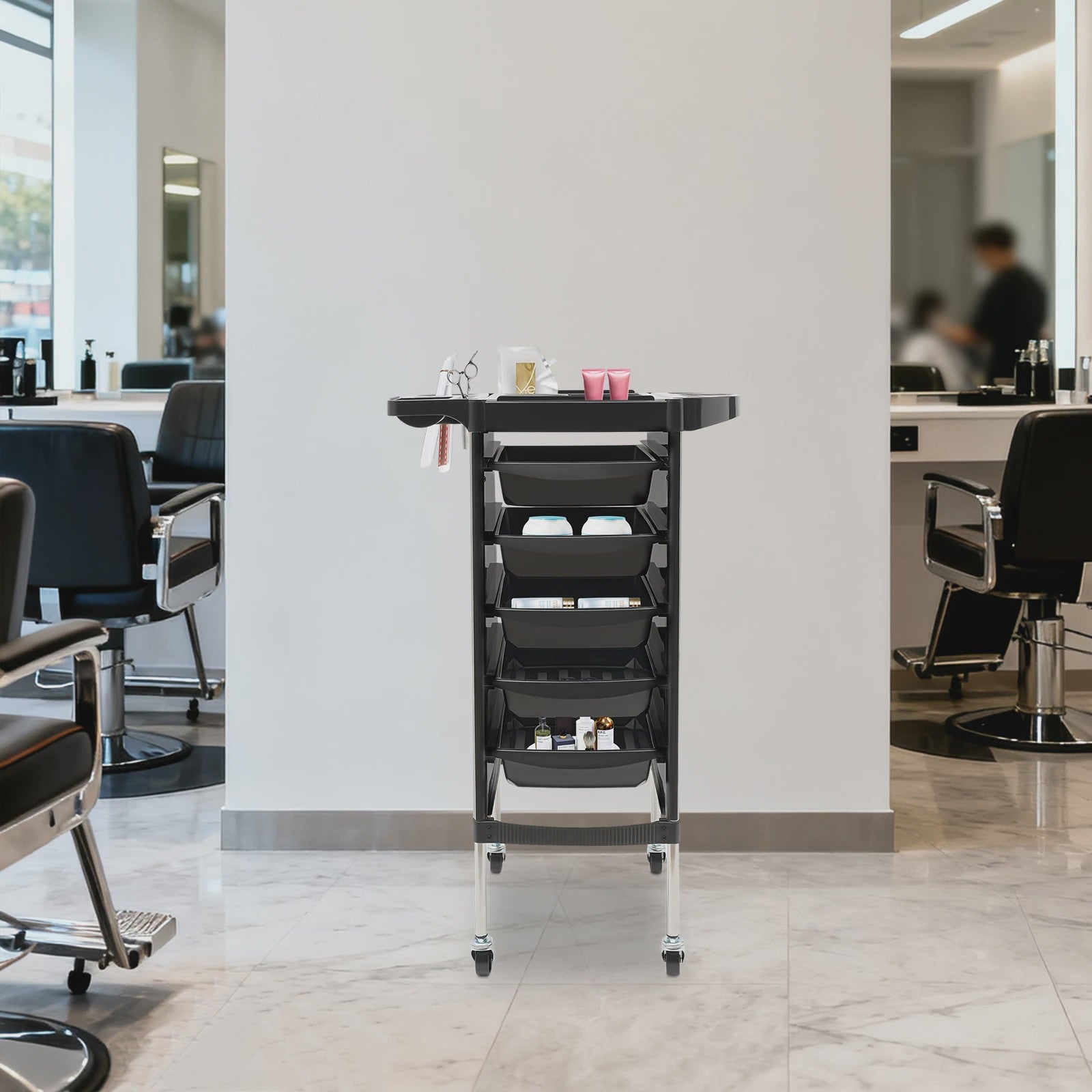 Mobiele Salon Trolley met 5 Lades, Top Opbergruimte en Vergrendelbare Beveiliging