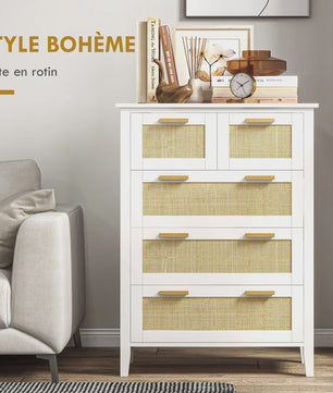 Stijlvolle Commode met 5 Lades en Rotan Fronten - Ideaal voor Woonkamer, Slaapkamer of Kantoor