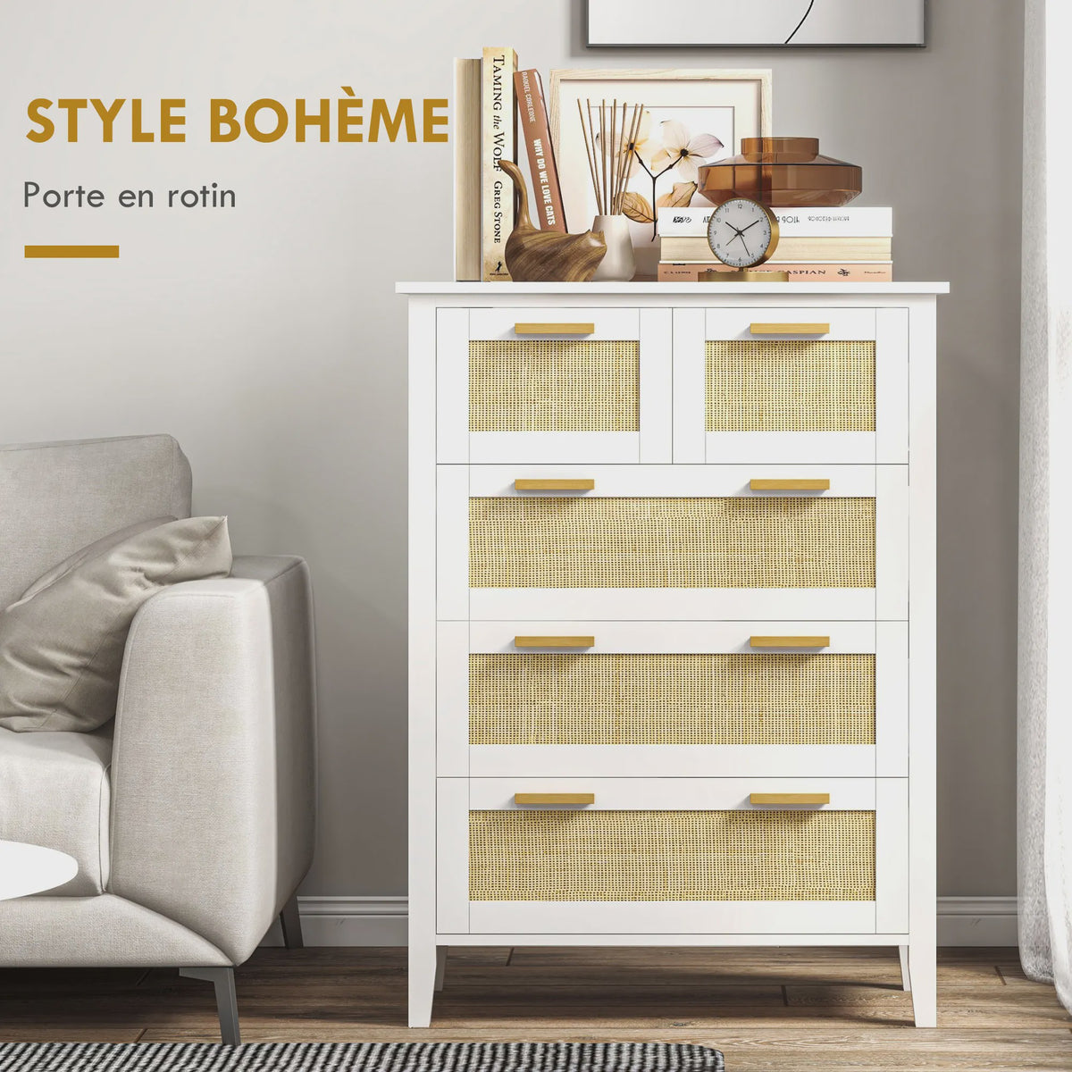 Stijlvolle Commode met 5 Lades en Rotan Fronten - Ideaal voor Woonkamer, Slaapkamer of Kantoor
