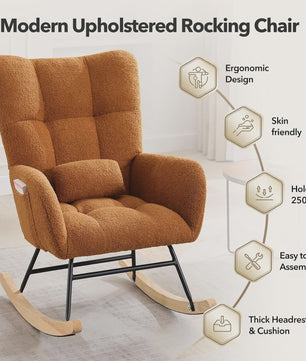 Zachte Bouclé Babymassage Schommelstoel - Gestoffeerde Fauteuil met Hoge Rug & Zijvak