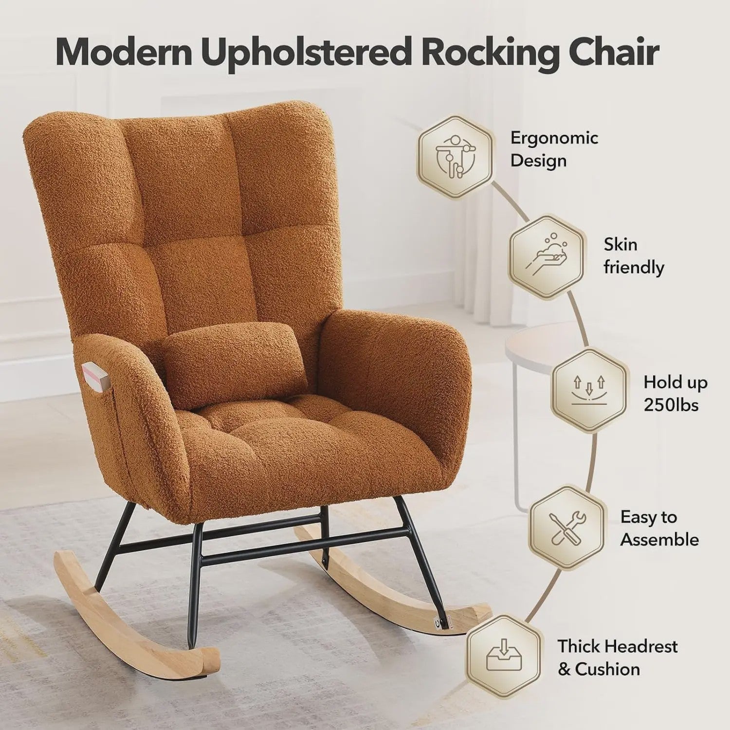 Zachte Bouclé Babymassage Schommelstoel - Gestoffeerde Fauteuil met Hoge Rug & Zijvak