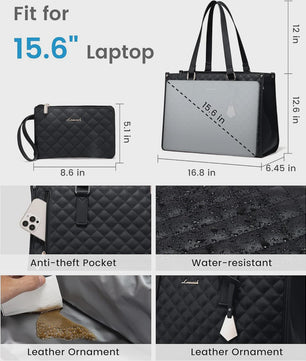 Luxe 2-in-1 Werk & Lunch Tote Bag - Geïsoleerd Compartiment, 15.6" Laptop, Waterafstotend