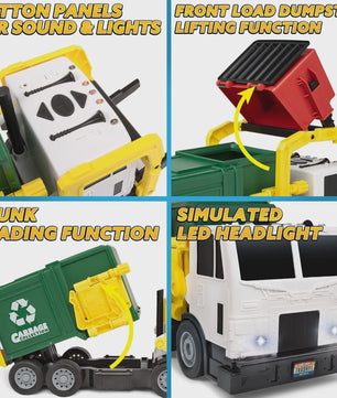 Grote Vuilniswagen Speelgoed met Frictie, Geluid & Lichtjes - Inclusief Vuilnisbakken