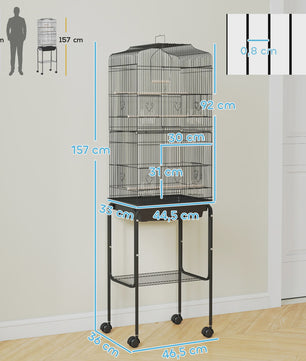 Ruime Vogelkooi met Standaard, Wielen en Opbergplank - 46.5x36x157 cm