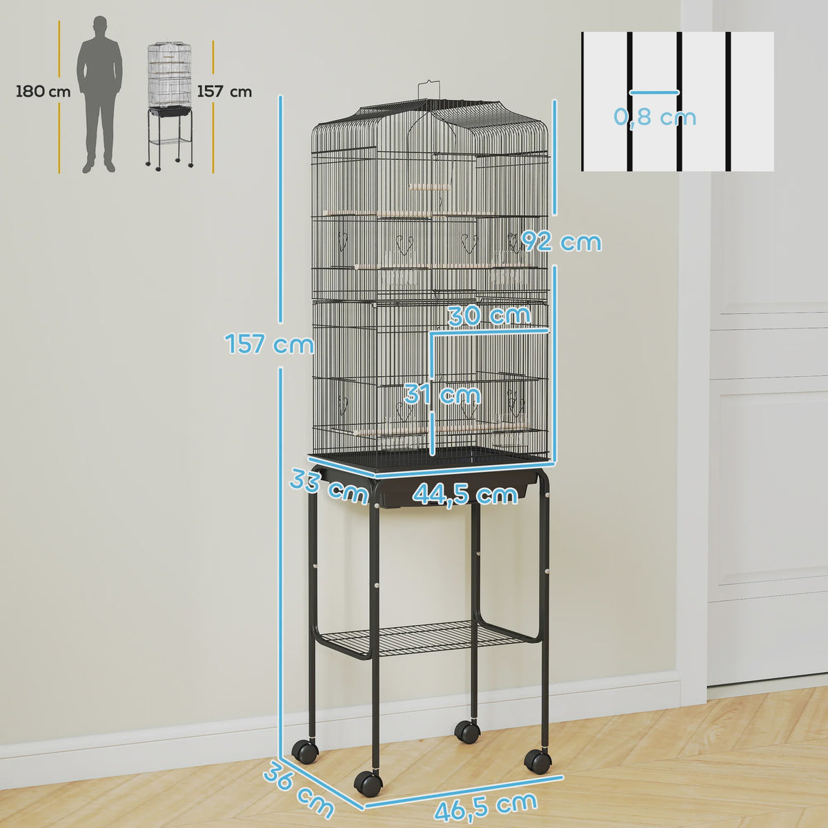 Ruime Vogelkooi met Standaard, Wielen en Opbergplank - 46.5x36x157 cm