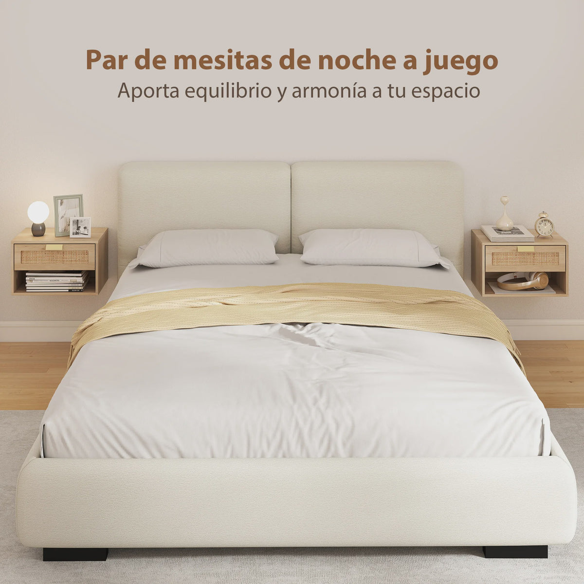Set van 2 Nachtkastjes Zwevend met Rotan Lade & Open Vak - Scandinavisch Design