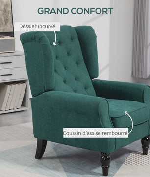 Groene Gestoffeerde Wingback Fauteuil met Brede Zitting en Klassieke Stijl