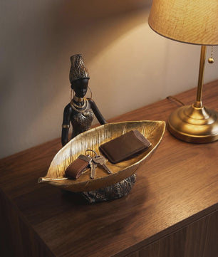 Afrikaanse Vrouw Sculptuur met Gouden Blad Schaal - Decoratieve Opberger & Verzamelobject