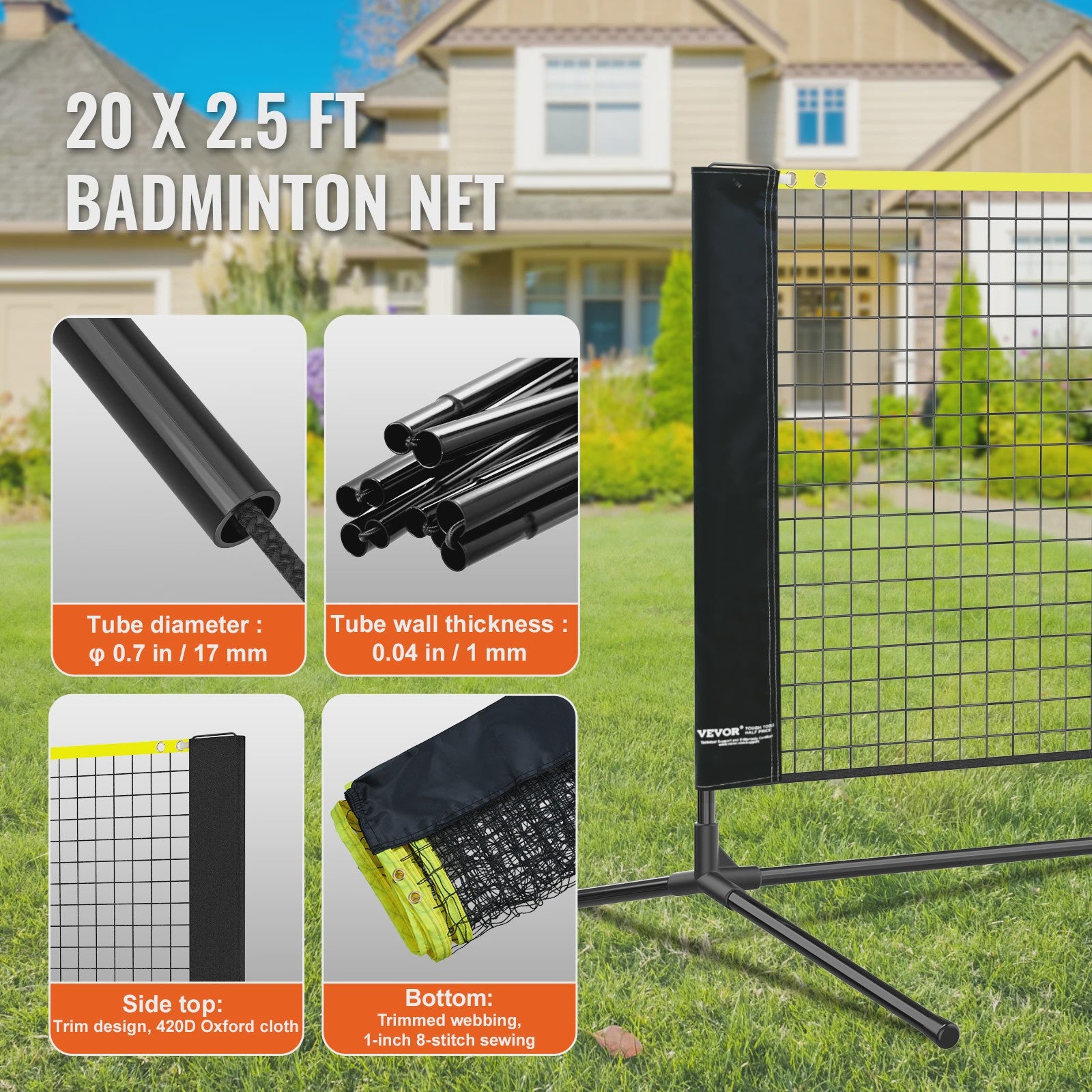 Verstelbaar Sportnet 20FT - Badminton, Volleybal, Tennis, Pickleball - Draagbaar & Inklapbaar
