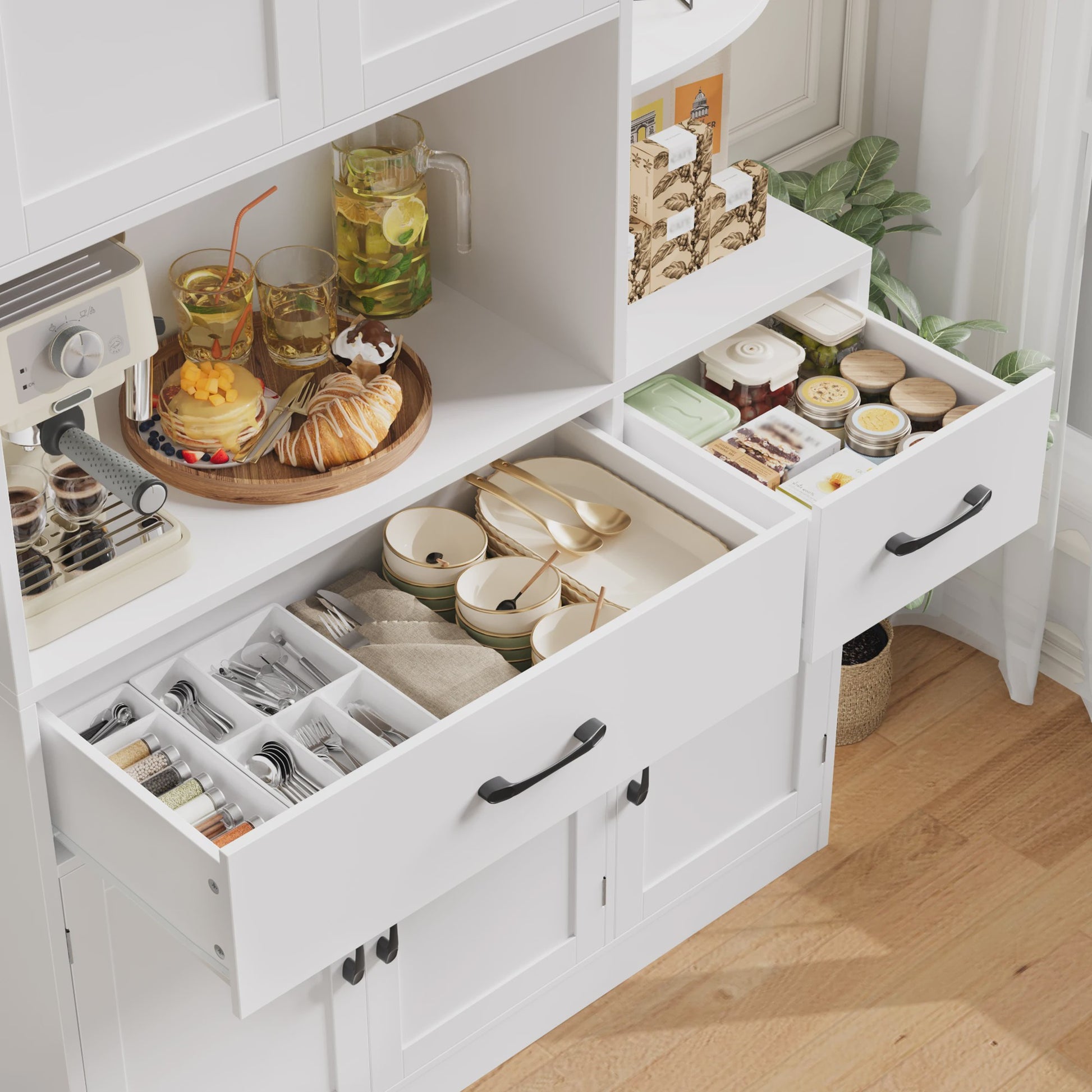 Witte Keuken Buffetkast met 5 Deuren, 2 Lades en Hoekplanken - Stijlvolle Opbergkast