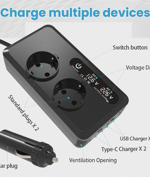 200W Auto Omvormer met 2x AC Stopcontact, 2x USB & 2x USB-C - Snel Laden
