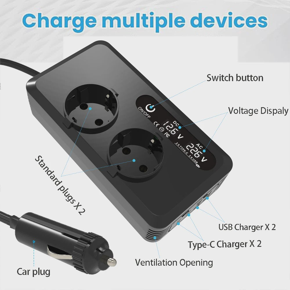 200W Auto Omvormer met 2x AC Stopcontact, 2x USB & 2x USB-C - Snel Laden