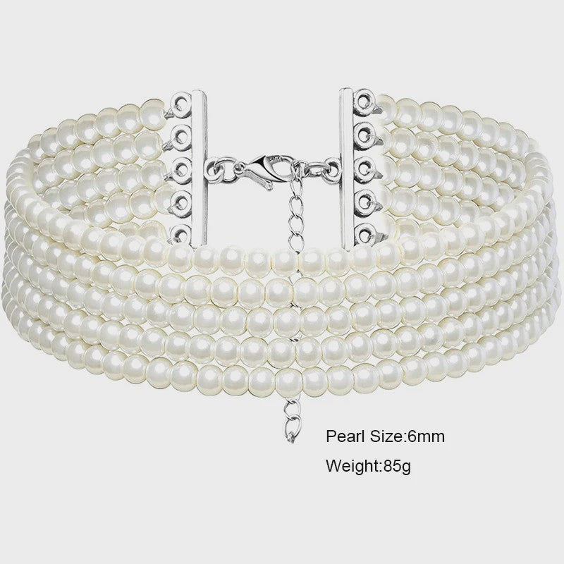 Elegante Multi-Rij Parel Choker Ketting - Handgemaakt Vintage Sieraad