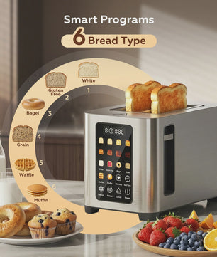 Patbrela Slimme Broodrooster met Broodrek - 2 Slices, Touchscreen & 6 Broodsoorten