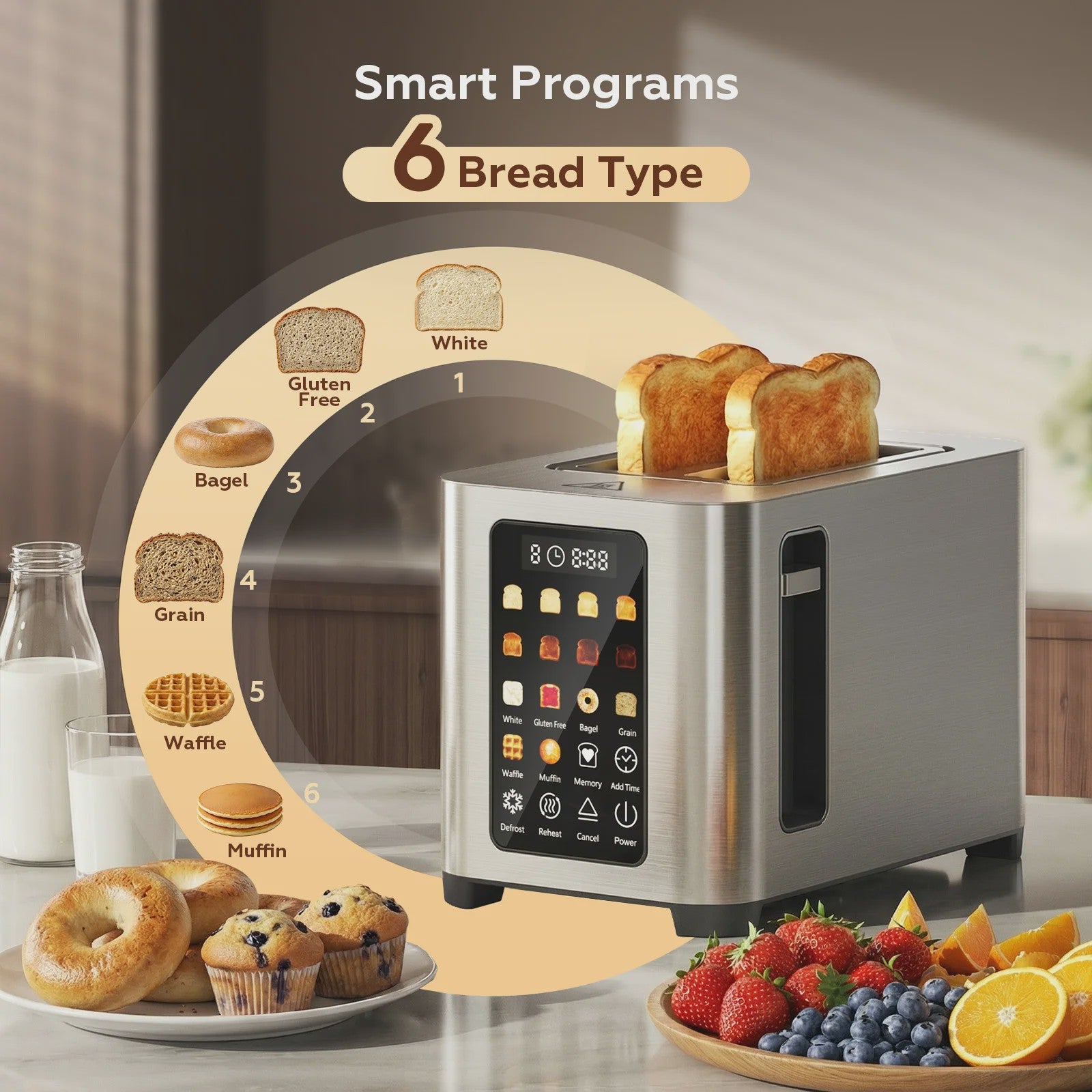 Patbrela Slimme Broodrooster met Broodrek - 2 Slices, Touchscreen & 6 Broodsoorten