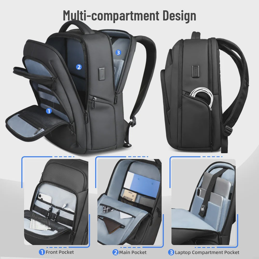 Multifunctionele Zakenrugzak voor Heren - Waterdicht, 17.3" Laptopvak & USB Oplaadpoort - Ideaal voor Werk & Reizen