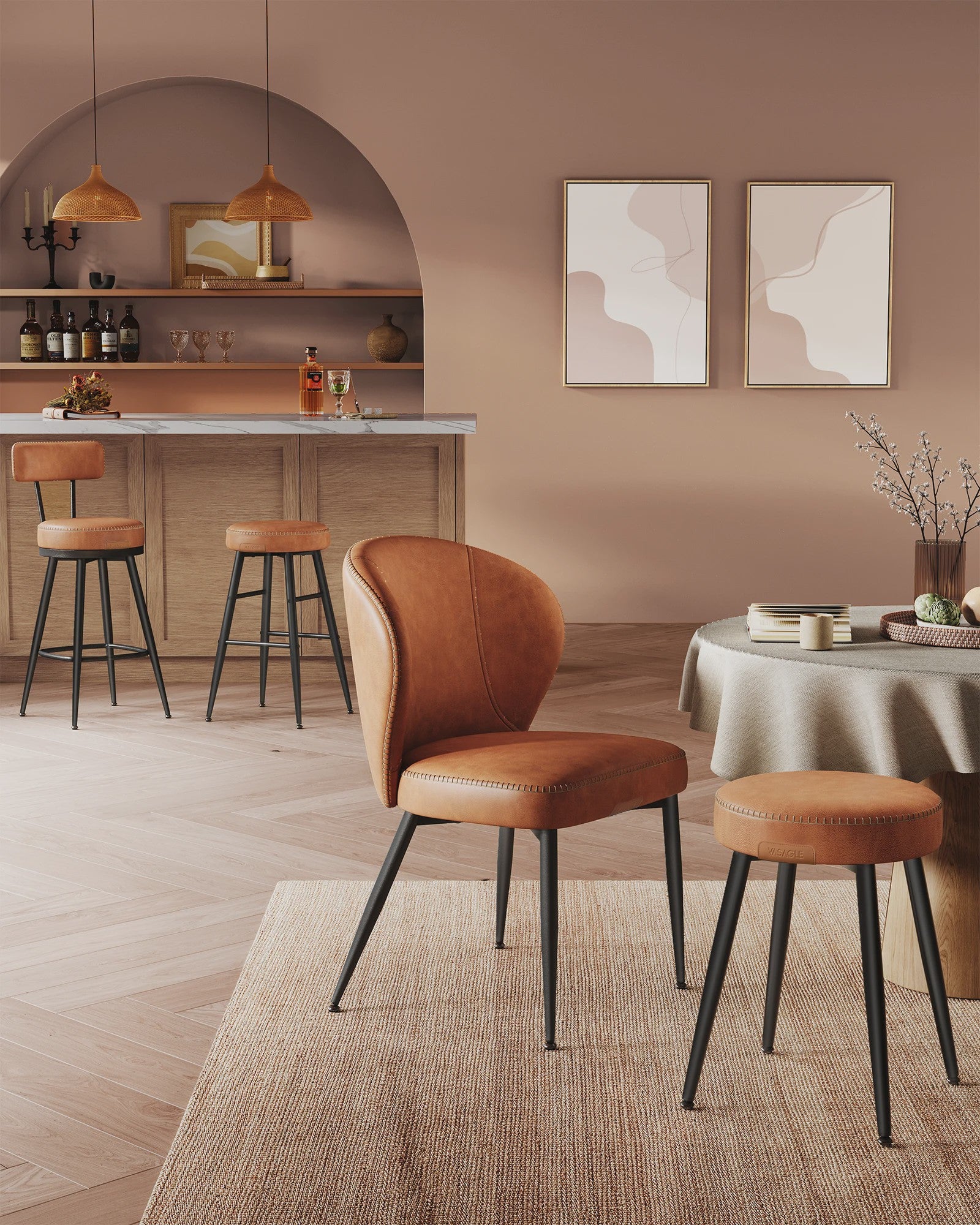 Set van 2 Draaibare Barkrukken met Rugleuning – Keuken & Bar – Kunstleer met Stiksels