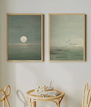 Set van 2 Abstracte Canvas Posters - Japanse Stijl, Sage Groen, Minimalistisch Maan & Vogels