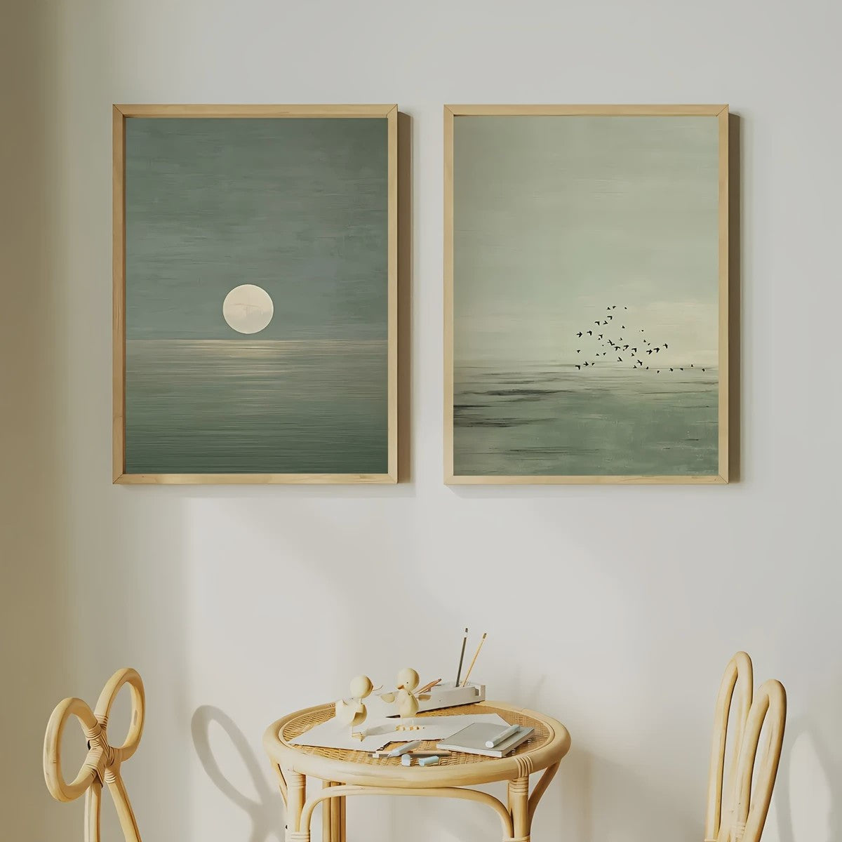 Set van 2 Abstracte Canvas Posters - Japanse Stijl, Sage Groen, Minimalistisch Maan & Vogels