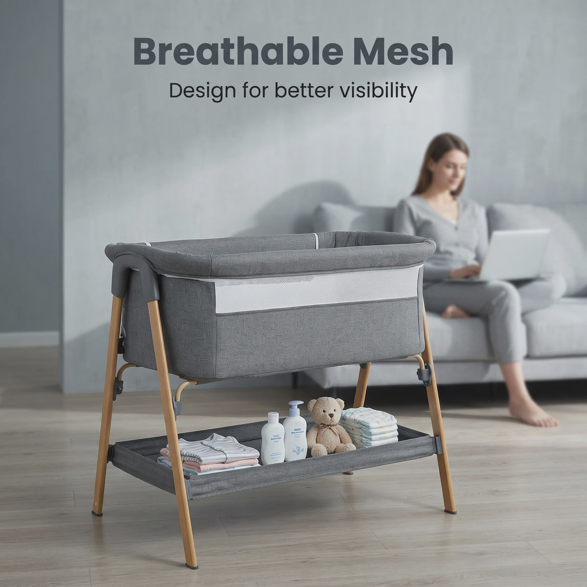 2-in-1 Baby Co-sleeper met Nachtlade en Ademend Mesh - Donkergrijs