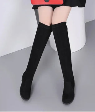 Dames Laarzen Zwart Over Knee - Winter 2024 - Comfortabele Suede Laarzen met Blokhak en Veters
