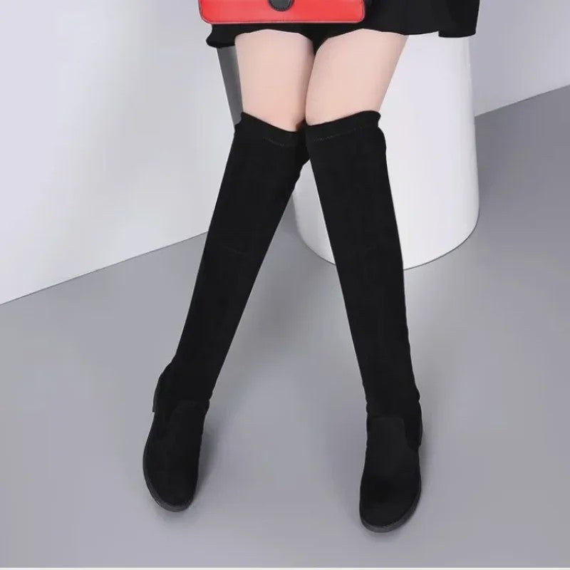 Dames Laarzen Zwart Over Knee - Winter 2024 - Comfortabele Suede Laarzen met Blokhak en Veters