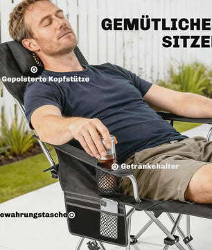 Set van 2 Zwarte Klapstoelen - Camping, Vissen, Strand - Met Voetensteun & Bekerhouder - 120kg Draagkracht