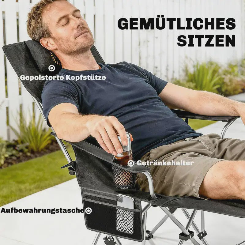 Set van 2 Zwarte Klapstoelen - Camping, Vissen, Strand - Met Voetensteun & Bekerhouder - 120kg Draagkracht