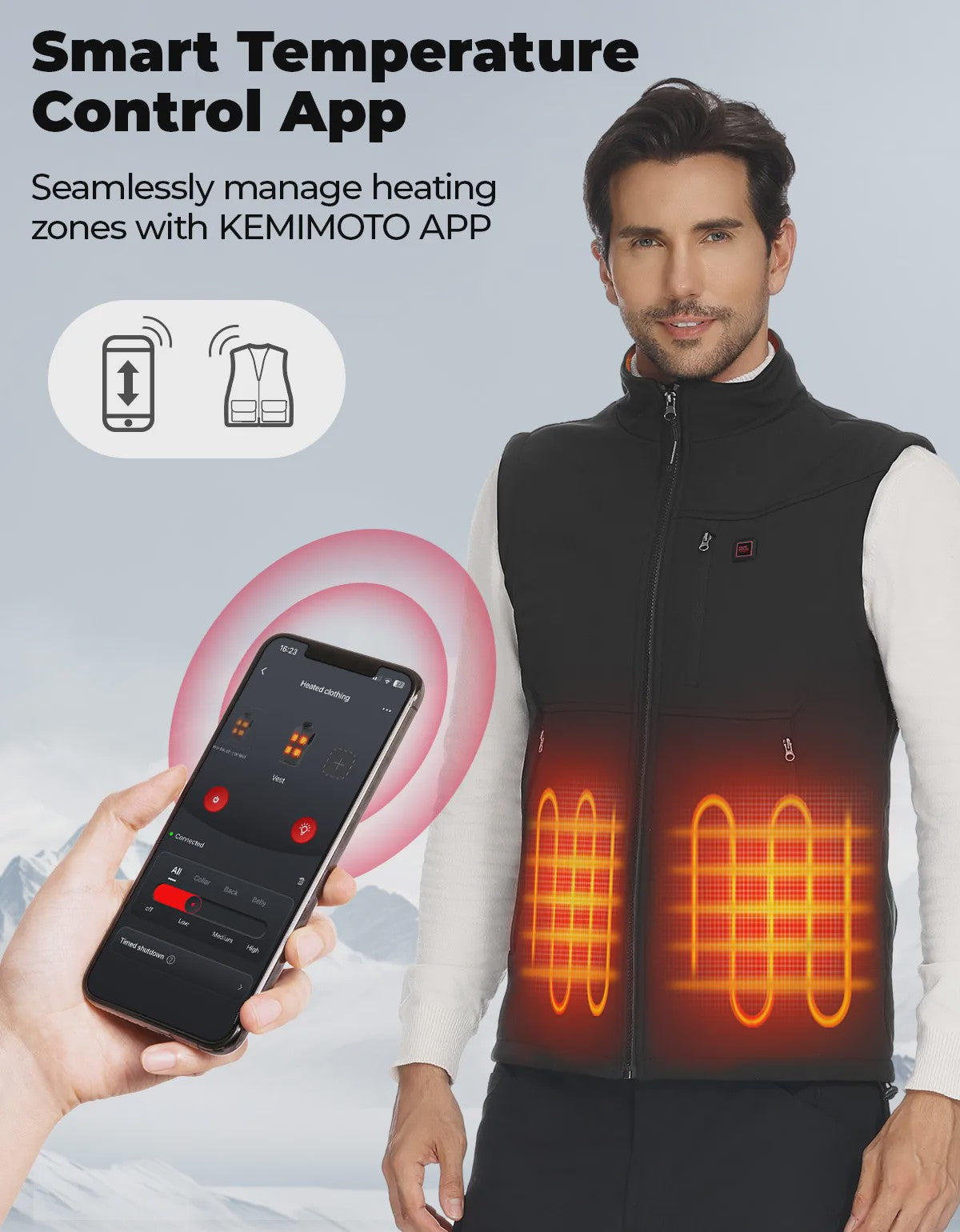 KEMIMOTO Unisex Verwarmd Vest met 10000mAh Batterij, App Temp Control & Waterafstotend - Lichtgewicht voor Buitenactiviteiten