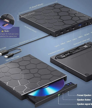 Externe DVD/CD Brander & Speler met USB 3.0 en Type-C | 7-in-1 Multifunctionele Drive voor PC & Mac