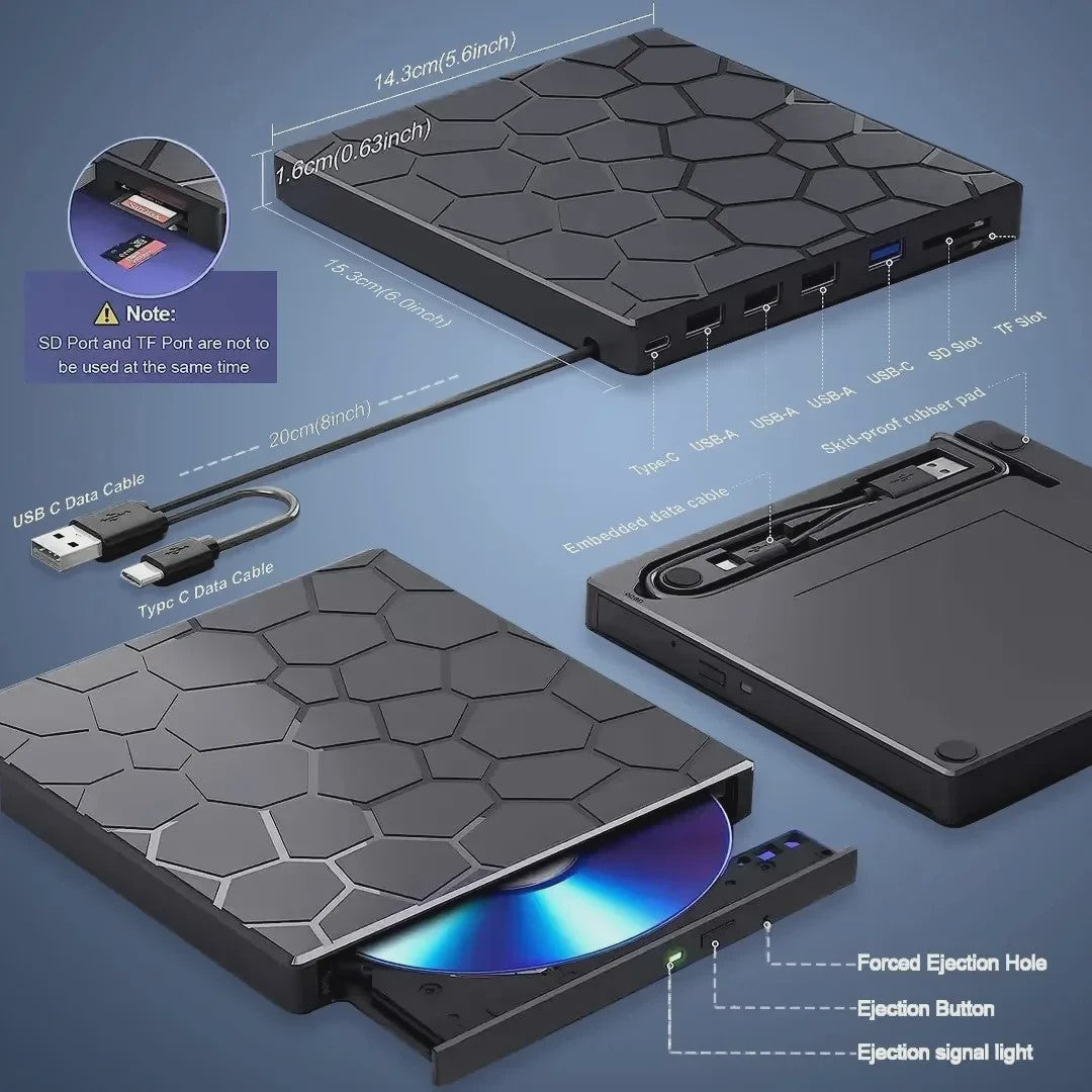 Externe DVD/CD Brander & Speler met USB 3.0 en Type-C | 7-in-1 Multifunctionele Drive voor PC & Mac