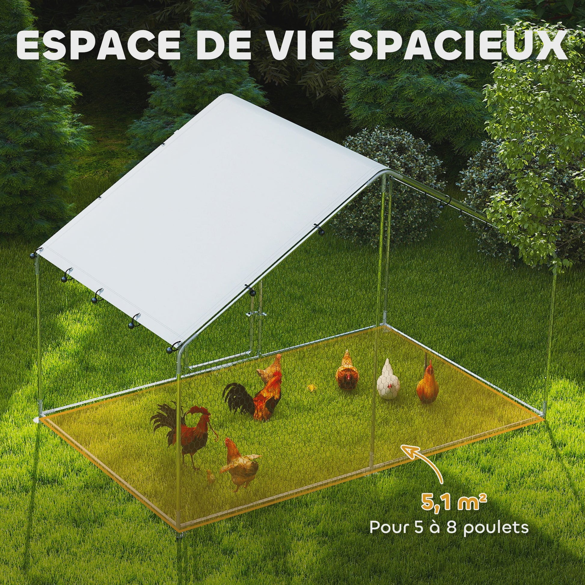 PawHut Groot Kippenhok met Ren - 5.1 m² - Waterdicht & UV-bestendig - Grote Volière voor 5-8 Kippen