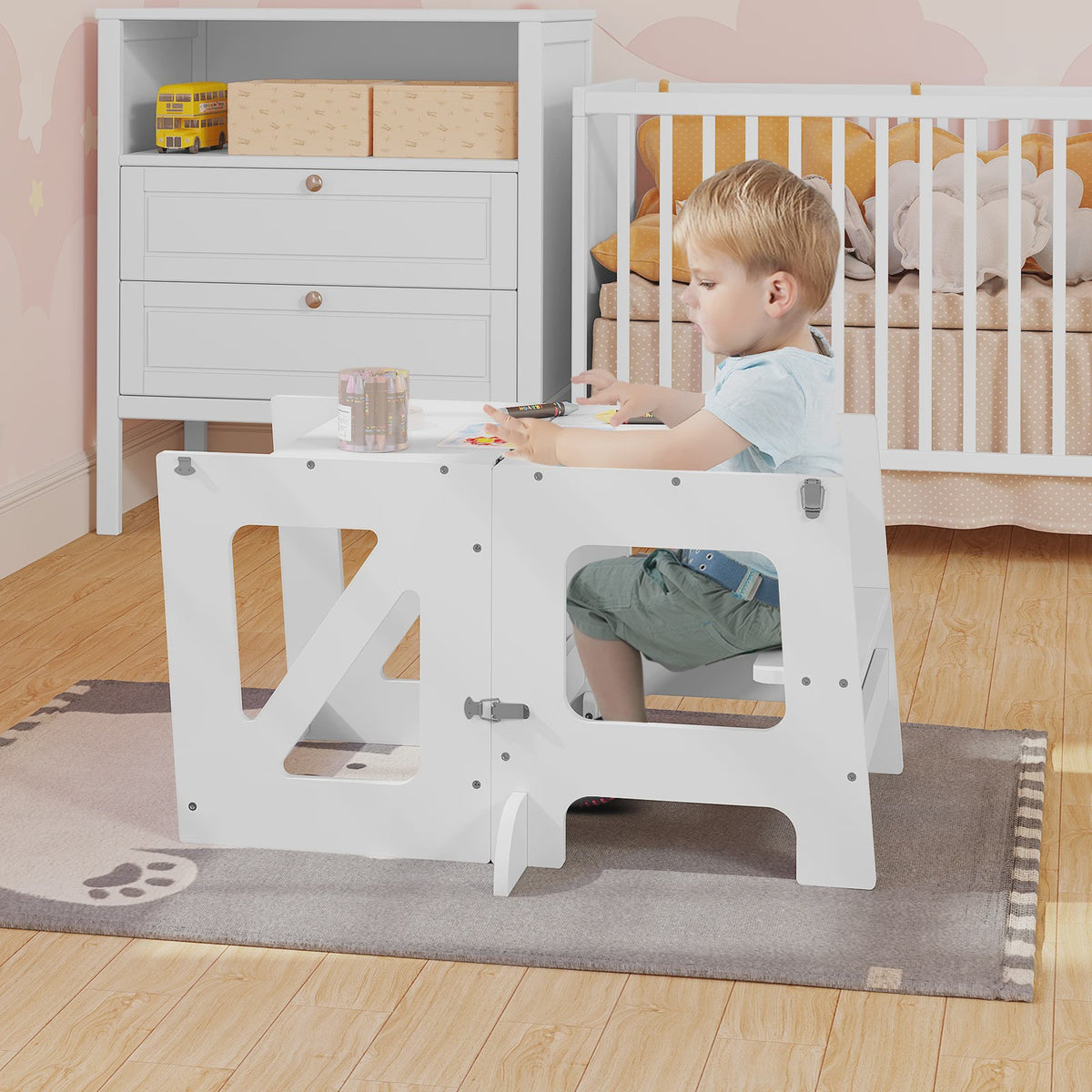 3-in-1 Montessori Kinder Keukentoren met Tafel & Bord - Opvouwbaar & Veilig