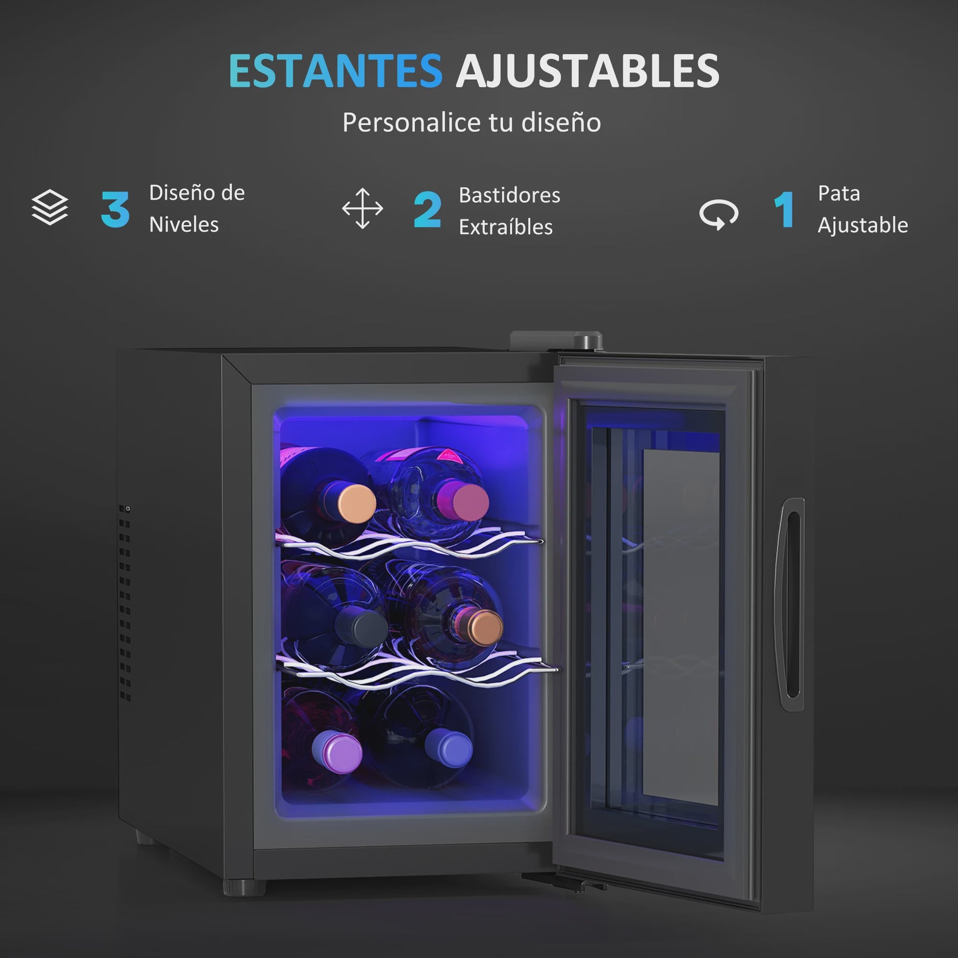 Compacte Wijnkoelkast voor 6 Flessen met LED-verlichting en Instelbare Temperatuur