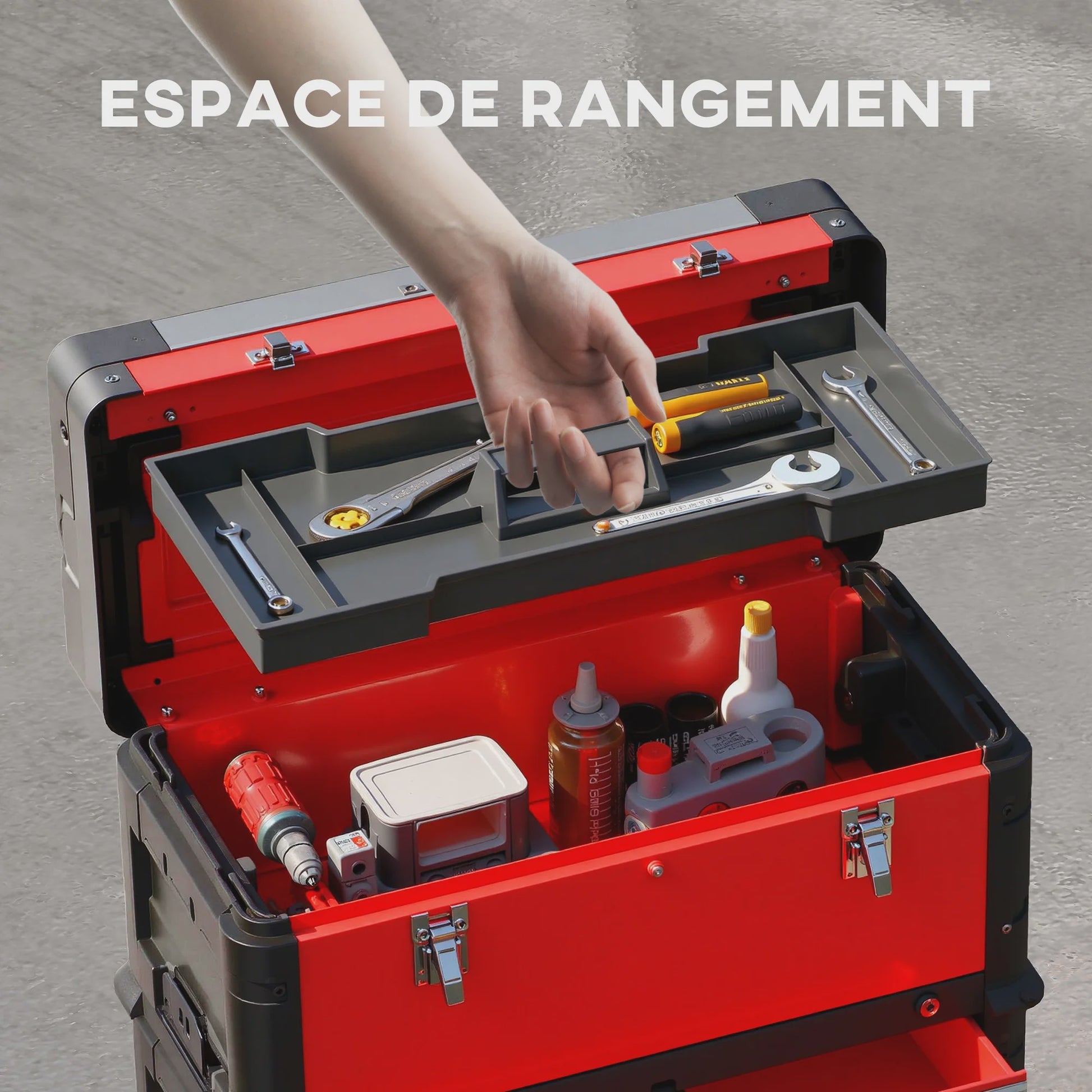 HOMCOM Set van 3 Stapelbare Gereedschapskisten op Wielen met Lade, Handgrepen en Slot - Rood